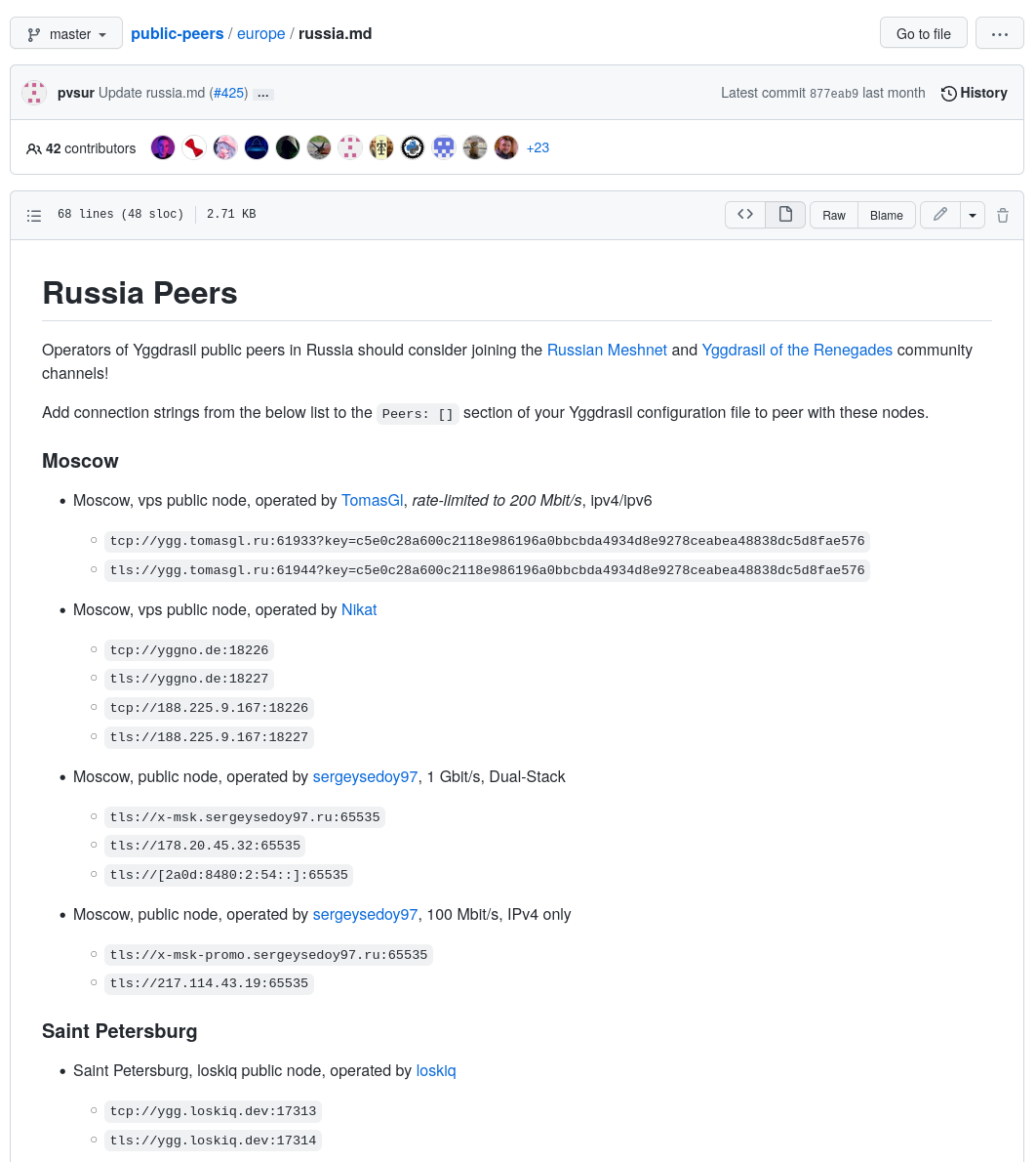 List of public Yggdrasil peers in Russia
