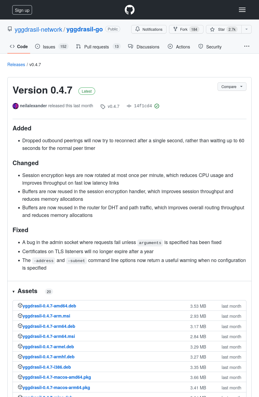 Yggdrasil latest release page on GitHub